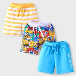 Babyhug Cotton Knit Shorts with Text Print & Stripes Pack of 3 - White Yellow & Light Blue-image-86