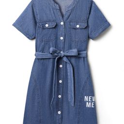 Pine Kids Cotton Woven Half Sleeves One Piece Dress with Text Print - Blue-image-80
