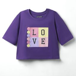 Pine Kids Cotton Knit Half Sleeves Drop Shoulder T-Shirt with Love Text Print - Purple-image-93