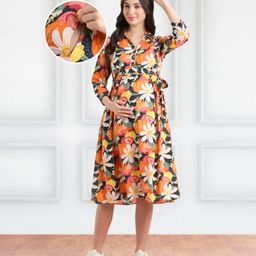 Bella Mama Woven Three Fourth Sleeve Maternity Shirt Dress With Floral Print - Black & Orange-image-17