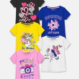 Trampoline Cotton Blend Pack Of 5 Half Sleeves Star & Camera Printed Tee - Multi Colour-image-41