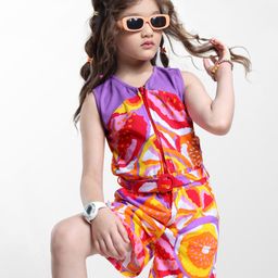 OLLINGTON ST. Cotton Knit Abstract Printed Sleeveless Jumpsuit with Fabric Belt - Purple-image-77
