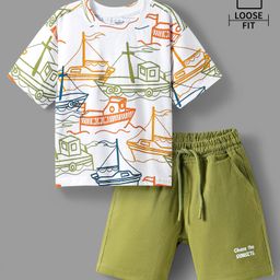 Ollington St. Cotton Half Sleeves Boat Printed T-Shirt & Woven Shorts Set - White & Olive Green-image-76