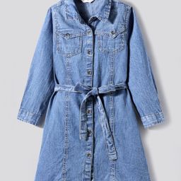Primo Gino 100% Cotton Knit Full Sleeves Washed Denim Shirt Dress with Belt - Blue-image-60