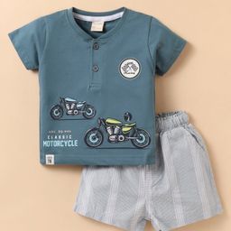 CUCUMBER Sinker Knit Half Sleeves Henley Neck T-Shirt & Shorts Set with Vehicle Print - Teal Blue-image-84