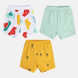 MINI KLUB Cotton Pack Of 3 Solid & Paper Boats Printed Shorts - Yellow Blue & White-image-48