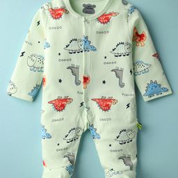 Mini Taurus Interlock Knit Full Sleeves Footed Sleep Suits with Dino Print - Light Mint Green-image-80