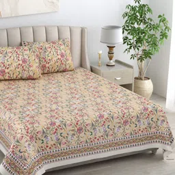 DE CAMA Nude-Coloured & Pink Pure Cotton 210 TC King Bedsheet Set 2.28 x 2.74 Mts-image-4