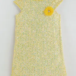 One Friday Girls Yellow Embellished Sequined Detail A-Line Cap Sleeve Solid Dress-image-76