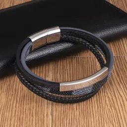 Jewels Galaxy Men Leather Silver-Plated Wraparound Bracelet-picture-37