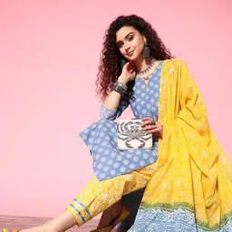 Yufta Ethnic Motifs Printed Pure Cotton Kurta with Trousers & With Dupatta-33