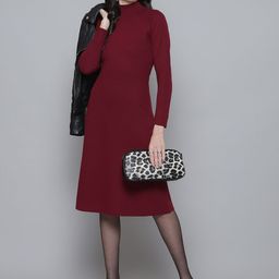 SASSAFRAS Maroon Ribbed A-Line Dress-picture-1