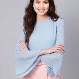 SASSAFRAS Blue Pleated Top With Frilled Hem-56