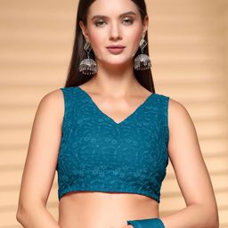 Oomph! Embroidered V-Neck Jacquard Saree Blouse-image-1