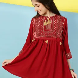 Miss & Chief Girls Ethnic Motifs Embroidered Sequined Tie-Up Neck A-Line Top-17