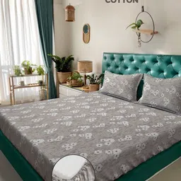 Myntra Elegant Homes Grey & White Floral 400 TC King Bedsheet with 2 Pillow Covers-image-32