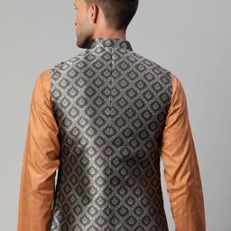 MANQ Men Charcoal Grey & Gold Ethnic Motifs Jaquard Woven Design Nehru jacket image 4