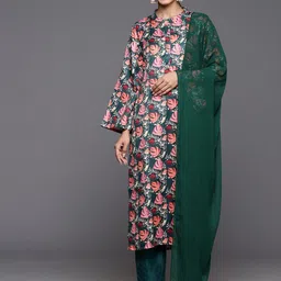 Varanga Women Floral Printed Mandarin Collar Wool Blend Kurta with Trousers & Dupatta-32