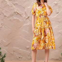 RARE Floral Printed Puff Sleeve Fit & Flare Midi Dress-image-94