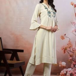 Nayam By Lakshita Women Floral Yoke Design Pleated Thread Work Kurta with Palazzos-picture-15
