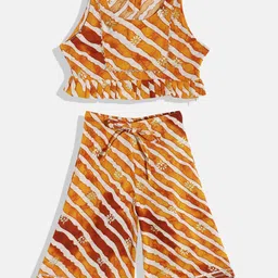 READIPRINT Sleeveless All Over Flower Motif Foil Printed Leheriya Top With Coordinating Gota Lace Embellished Palazzo - Rust Brown-picture-36