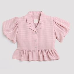 Tiny Girl Half Flutter Sleeves Seersucker Style Peplum Top - Onion Pink-picture-44