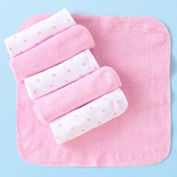 Babyhug Cotton Knit Hand and Face Towels Polka Dot Print Pack of 6 - Pink & White-27