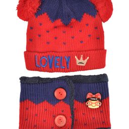 Yellow Bee Lovely EmbroideredWith Pom Pom Detailed Hat & Muffler Scarf- Red & Navy Blue-picture-35