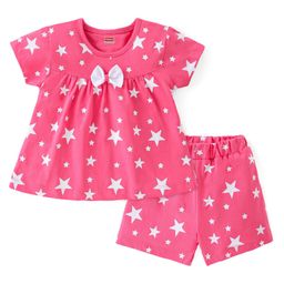 Babyhug Cotton Knit Half Sleeves Night Suit Stars Printed & Bow Applique - Pink-image-83