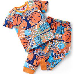 Babyhug Single Jersey Knit Half Sleeves Night Suit Basketball Print - Orange & Blue-image-38