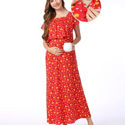 Bella Mama Cotton Knit Half Sleeves Concealed Zipper Nursing Nighty with Pockets Floral Print - Red-picture-9