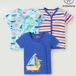 Babyhug 100% Cotton Knit  Antibacterial Front Open Set of  Vests Striped & Teddy Print  Pack of 3 - Multicolour-image-57