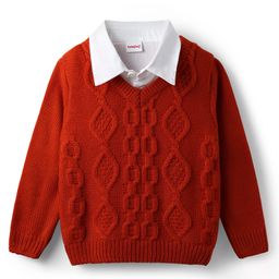 Babyhug Knit Full Sleeves Collar Neck Pullover with Cable Knit Design - Rust Orange-image-83