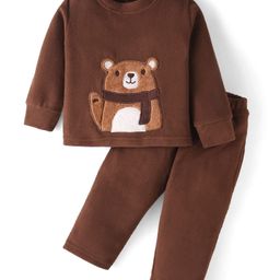 Kanvin Fleece Woven Full Sleeves Winter Wear Set With Bear Patch - Brown-image-10