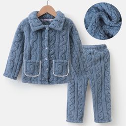 Kookie Kids Full Sleeves Front Open Solid Colored Winter Night Suit - Blue-image-38