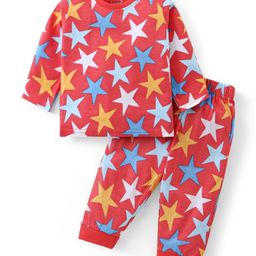 Babyhug Cotton Knit Full Sleeves Night Suit with Star Print - Red-image-45