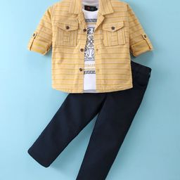 Robo Fry Knit Full Sleeves Party Shirt with Text Printed T-Shirt & Trouser Set -Yellow-picture-10