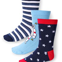 Cute Walk by Babyhug Cotton Lycra Knit Anti-bacterial Socks Strips Stars & Astronomer Design Pack of 3 - Black Light Blue & Red-image-90