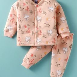 Teddy Fleece Knit Full Sleeves Mouse Printed Night Suit - Peach-image-81