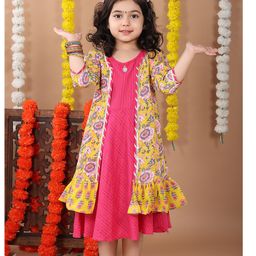 Kinder Kids Cotton Three Fourth Sleeves Floral Printed & Gota Lace Embellished Jacket With Dress - Pink & Yellow-image-54
