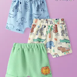 Babyoye 100% Cotton Knit Shorts With Eco Jiva Finish & Animal Print Pack of 3 - White Green & Blue-picture-49