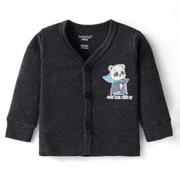 CUCUMBER Cotton Knit Full Sleeves Thermal Front Open Vest with Animal Print - Charcoal Grey-image-58