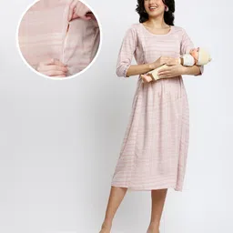Dummy Shape Three Fourth Sleeves Striped Maternity Flared Kurta With Nursing Access & Abstract Embroidered Attached Belt - Light Pink-picture-0