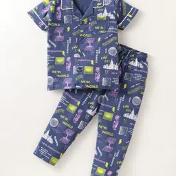 Doreme Single Jersey Knit Half Sleeves Night Suit With Text Print - Navy Blue-picture-40
