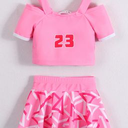 Mark & Mia Half Raglan Sleeves Two Piece Swimsuit with Abstract Print - Pink-image-60