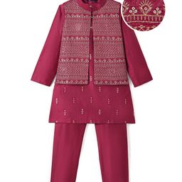 Pine Kids Woven Full Sleeves Floral Printed Kurta Pyjama Set with Emboroidered Nehru Jacket - Maroon-picture-14