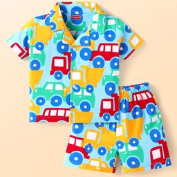 Babyhug Cotton Knit Half Sleeves Shorts Night Suit With Car Print - Light Blue-image-99