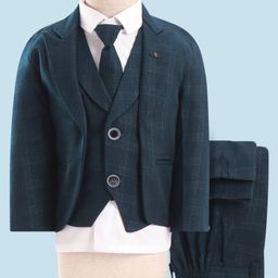 Rikidoos Full Sleeves Checked 4 Piece Party Suit With Tie - Peacock Green-image-49
