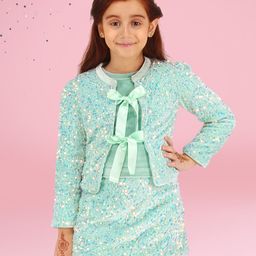 Cutecumber Full Sleeves Sequins Embellished Top & Skirt With Coordinating Shrug Set - Green-image-105