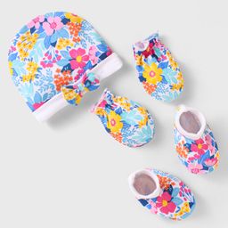 Babyhug 100% Cotton Cap Mittens And Booties Floral Print with Bow Applique - Blue & Pink-image-91